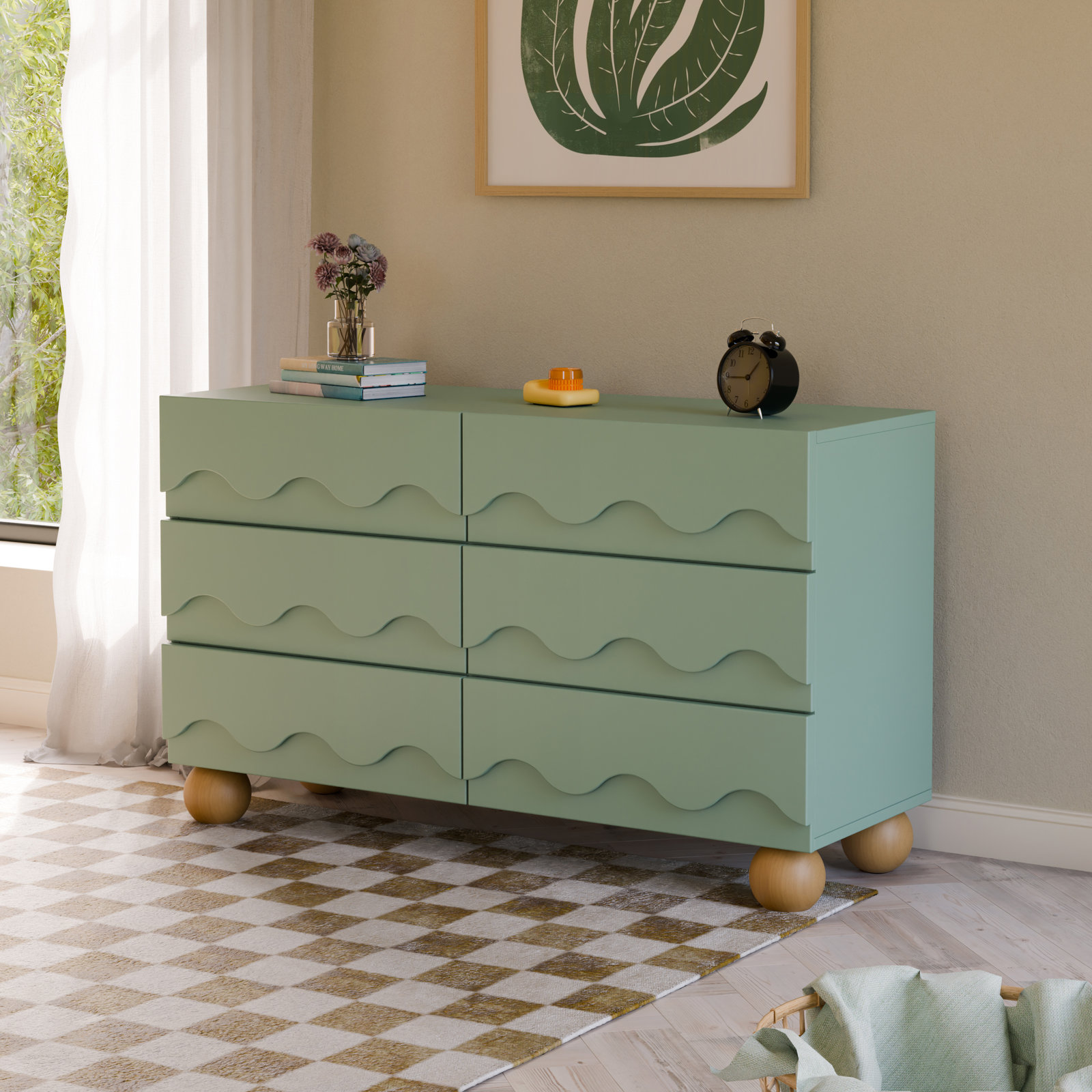 Lido Wave 6-Drawer Wide Dresser, Light Sage/Honey