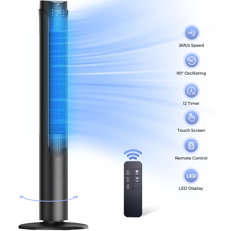 Ventilateur tour 41 po, ventilateurs oscillants larges à 3 vitesses, 3 modes, haute vitesse de 26 pi / s, affichage DEL avec télécommande, minuterie 12H, pour la maison, le salon, le bureau