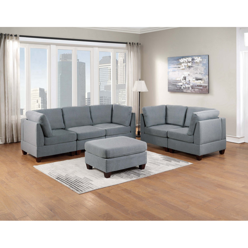 Pouf cocktail en tissu aspect lin gris, pouf moelleux pour salon avec pieds en bois robustes, idéal pour le mobilier de maison