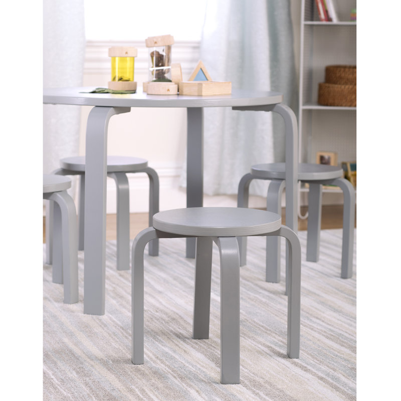 Nordic Toddler and Kids 5 Piece Round Table and Stool Set, Grey