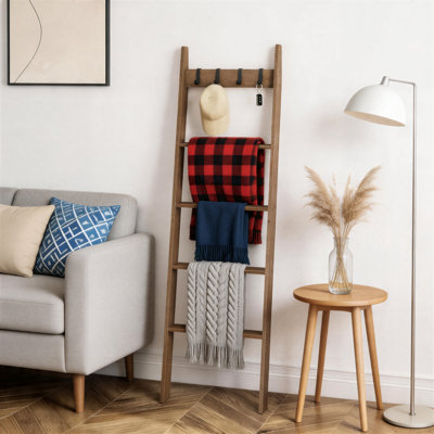 Support à tapis trapézoïdal mural à 5 niveaux de couleur moka avec 4 crochets amovibles; Rangement de style rustique convenant aux salons, aux chambres et aux salles de bain.