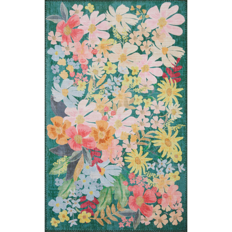Rifle Paper Co. x Loloi Meadow Marguerite Emerald Rug, Rectangle 2'3" x 3'9"