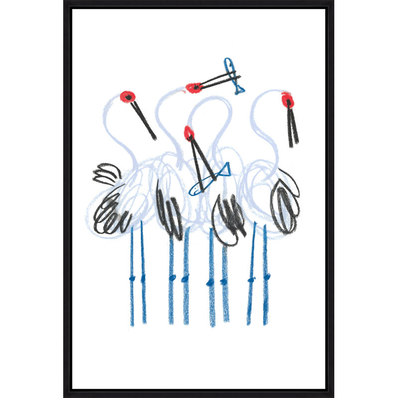 «Dancing Cranes I» par David Erickson - peinture sur toile à cadre flottant, Image au pinceau gel