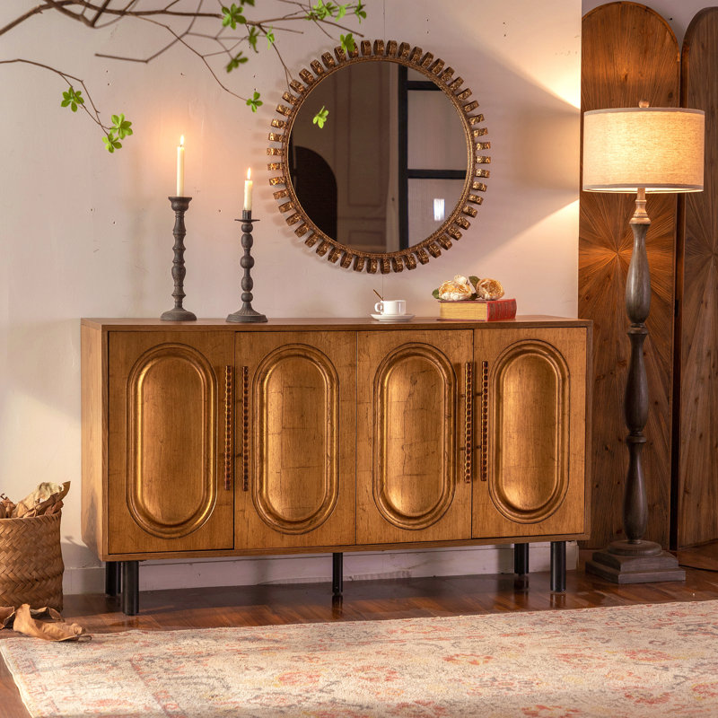59.84" Gold-Toned 4-Door Sideboard Buffet Cabinet - Solid Wood & MDF Arched Door Storage Console Table
