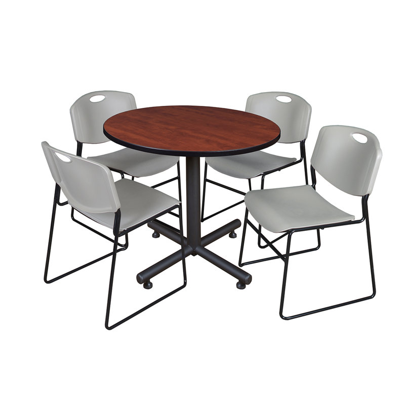 Table de salle à manger avec base Nick Nick et 4 chaises empilables Zeng, Cerisier, Gris