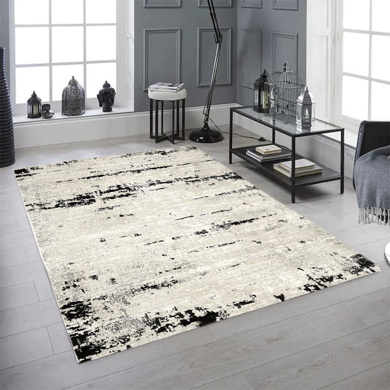 Abstract Synthetic Kitchen Mat, Ivory/Light Gray