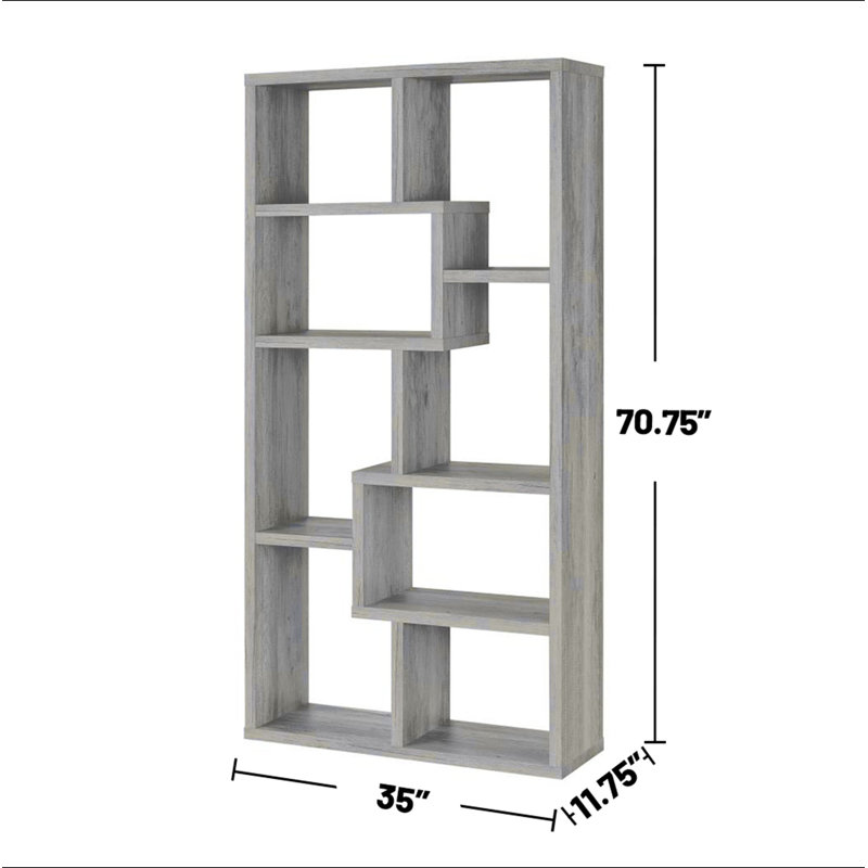 Bibliothèque géométrique à 10 tablettes au fini bois flottant gris, Gris