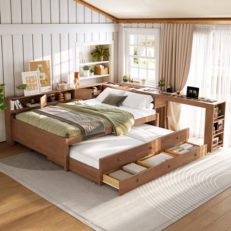 Daybed With Trundle,Wood Daybed Frame with Storage Drawers,Side Shelves and Desk, Full/Double, Brown