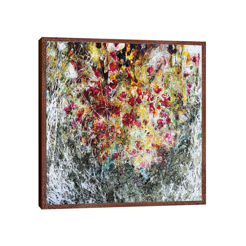 Poppies Yellow by Donatella Marraoni - Painting on Canvas, Classic Brown Wood Framed, 45.72cm H x 45.72cm W x 3.81cm D