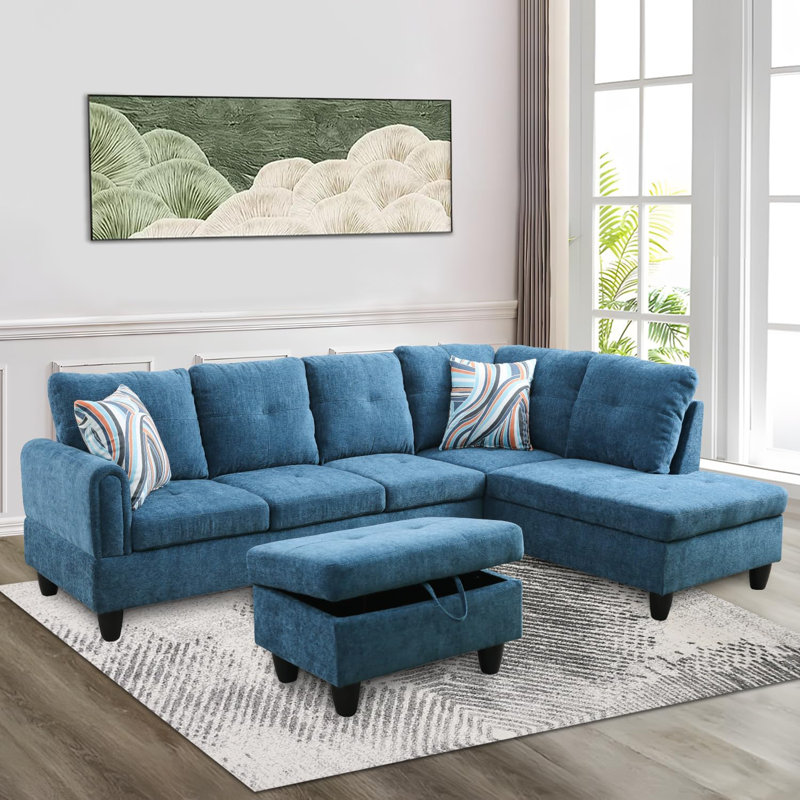 3-Piece Flannel Sectional Sofa, Gray, Right Hand Facing