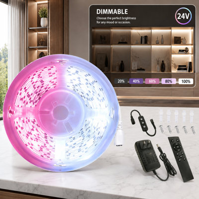 Bedroom, living-room, mirror, and general home lighting can be adjusted with this 10 FT pink-and-white kit; its 24V dual-tunable rope strip supports both dimming and color-temperature adjustment.