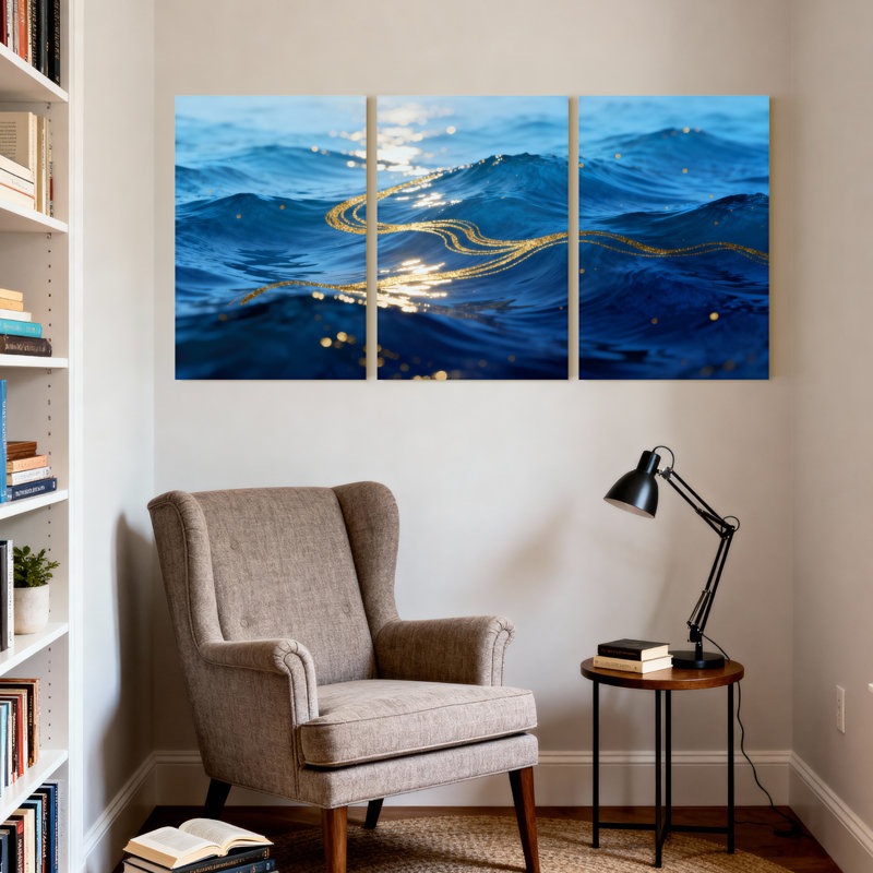 Ensemble de 3 impressions sur toile Blue Ocean Waves With Golden Sparkles, 18" H x 36" W
