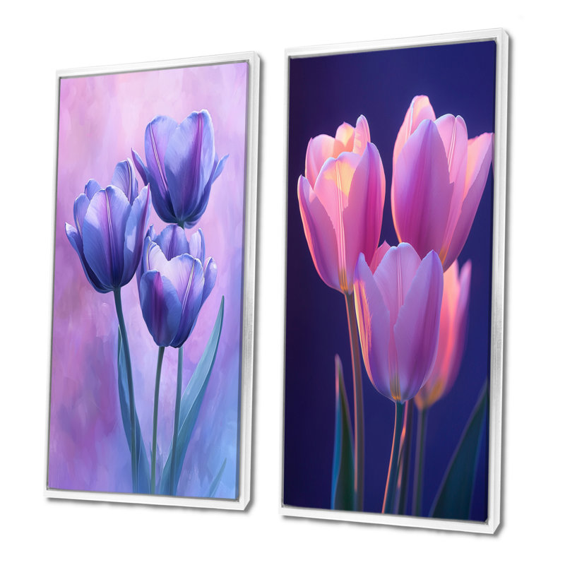 Lavande tulipes Twilight Shine I - art mural floral 2 pièces, H 28 po x l 25 po, Cadre flottant blanc