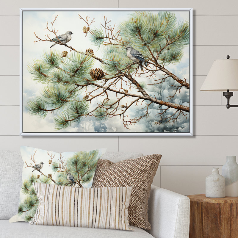 Oiseau sur pin I - Art mural pin, H 30 po x l 40 po x P 1,5 po, Cadre flottant blanc