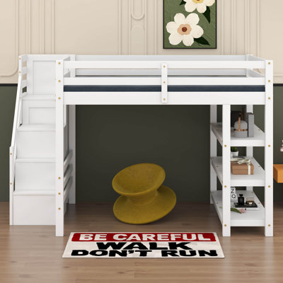 Full Size Loft Bed With Shelves, Storage Staircase, Small Wardrobe And LED Light