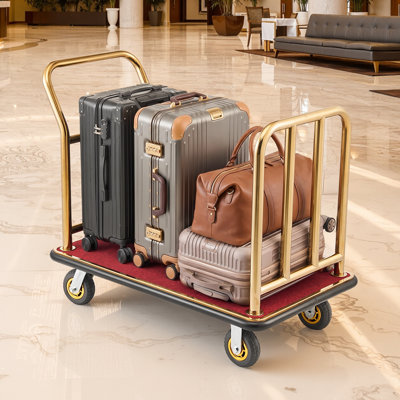 Chariot à bagages pour hôtel, chariot Bellman robuste de 750 lb avec cadre en acier inoxydable, roues en caoutchouc de 6 po, plateforme rouge, chariot à bagages commercial pour hôtels, complexes hôteliers, or