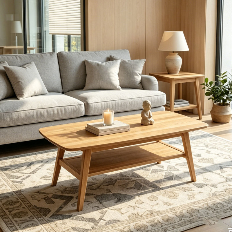 Table basse moderne avec tablette de rangement, table basse à 2 niveaux avec coins arrondis, Bois