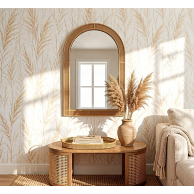 Arched Rattan Wall Mirror, 25.5 x 37.4 Inch Farmhouse Vanity Mirror