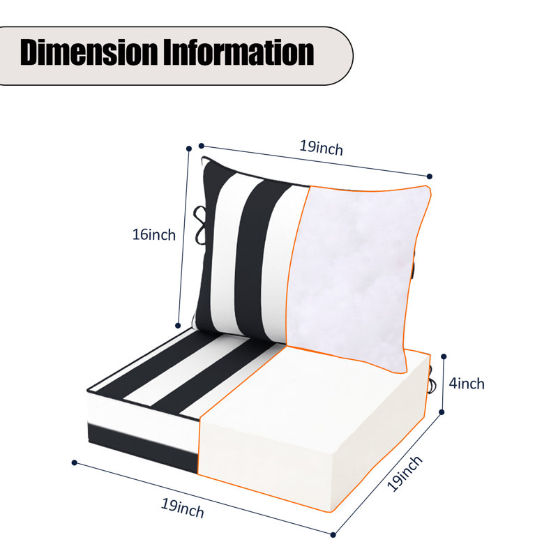 Fade Resistant Outdoor Chair Cushions Set Of 2, Deep Seat Patio Cushions 19 X 19 With Removable Cover, 28D High Resilience Foam Replacement Outdoor Seat Cushions With For Sofa, Adirondack Chair, Sectional,Black Cabana Stripe