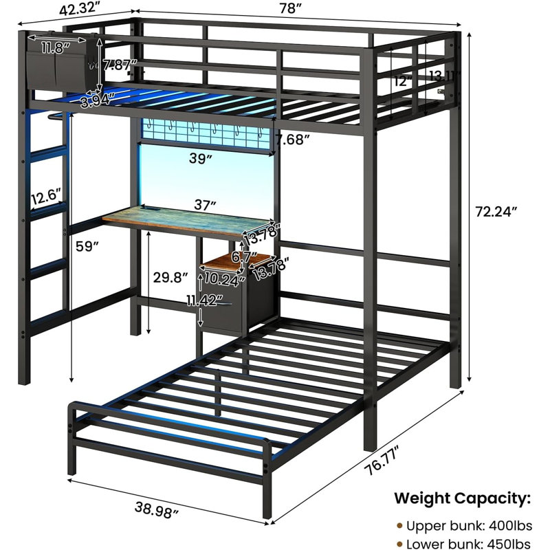 Twin Over Twin Bunk Bed With Desk And Charging Station, Metal Loft Bed, Twin Bed With Led Lights And Storage Shelves And Drawers, L-shaped Bunk Bed
