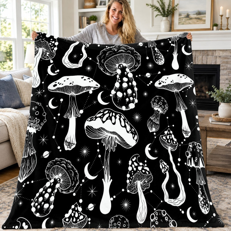 1pc Black Mushroom Constellation Blanket, Whimsical Celestial Fungi Flannel Throw, Soft Cozy Lightweight Blanket for Sofa Couch Bed Living Room Dorm Travel, Unique Boho Home Decor All Season Blanket, Gift