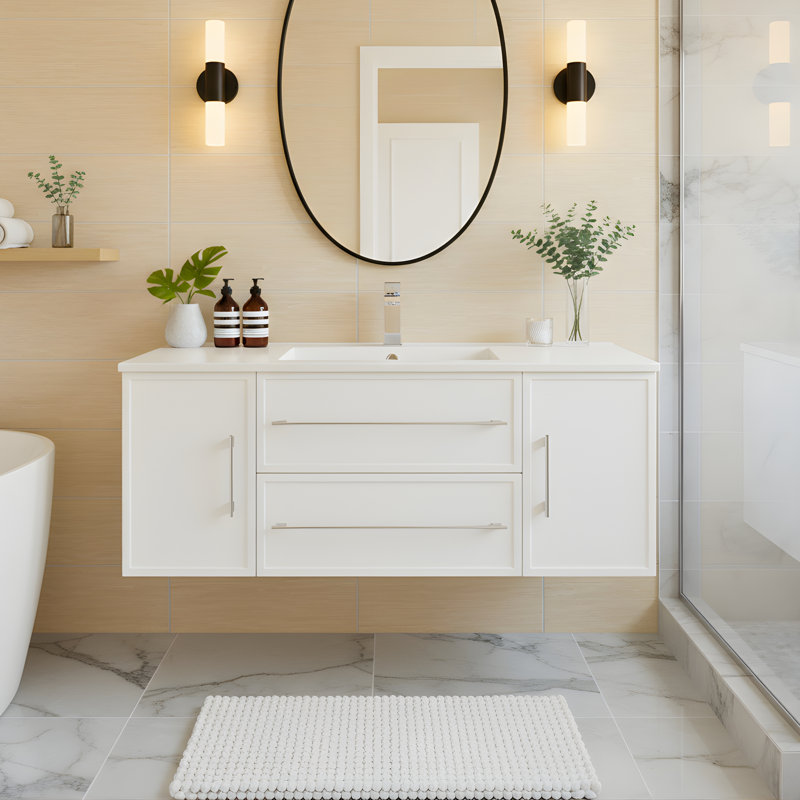 Ensemble de meuble-lavabo mural simple 48 po avec plateau en marbre Milano, Blanc