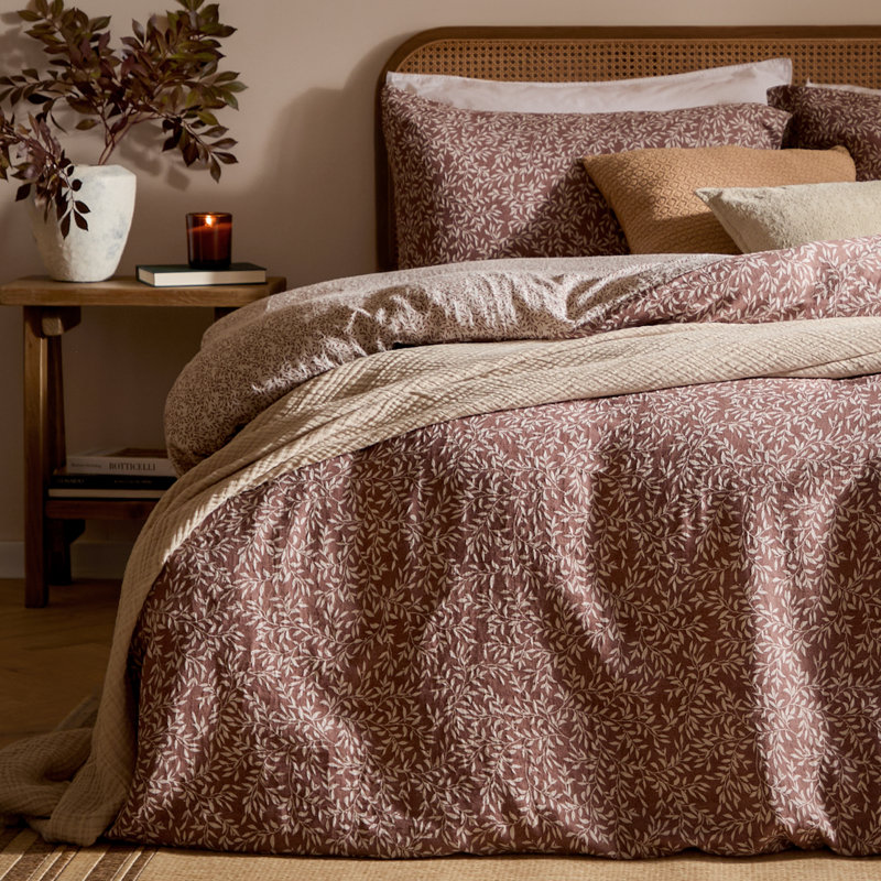 Perrie Leaf Cotton Floral Duvet Cover Set with Pillowcases Included, Brown, Kingsize Duvet Cover Set + 2 King Pillowcases