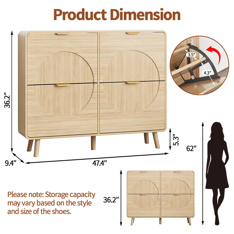 Wood Double-layer Drawer Shoe Cabinet, Enclosed Shoe Storage Unit with Fluted Drawers, 4 Legs and Anti-tipping Device, Suitable for Entryway, Hallway, Living Room