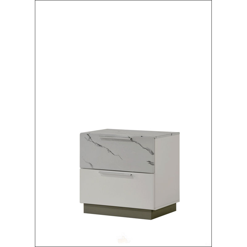 Mist Nightstand With Two-Tone High-Gloss Marble & Lacquer Finish, Two Drawers, Velvet-Lined Interior, And Compact Elegant Design