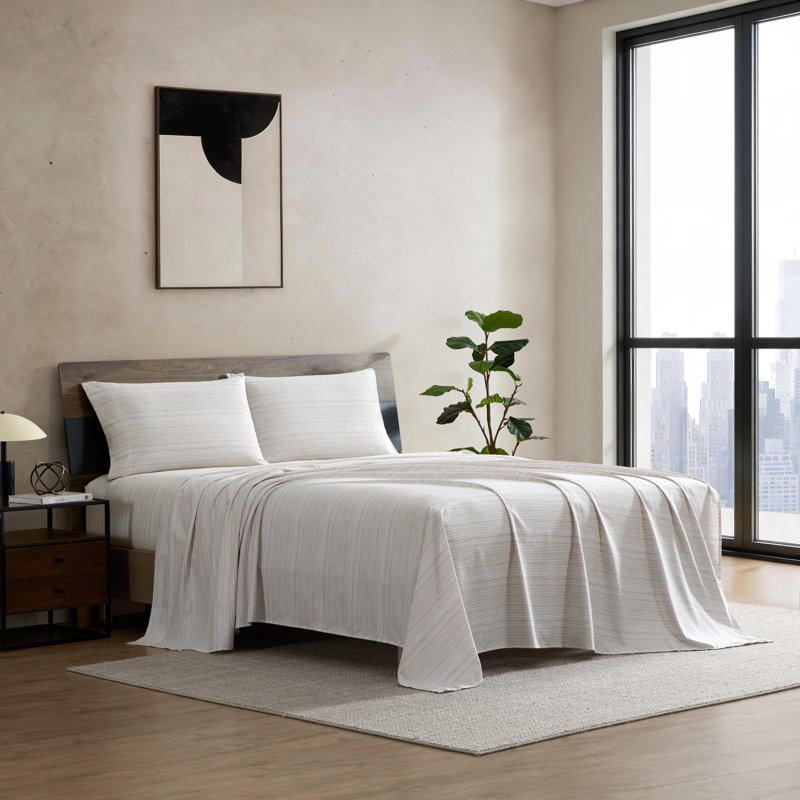 Kenneth Cole Textured Stripe Beige Sheet Set, King Sheet Set with 2 Pillowcases, Textured Stripe Beige