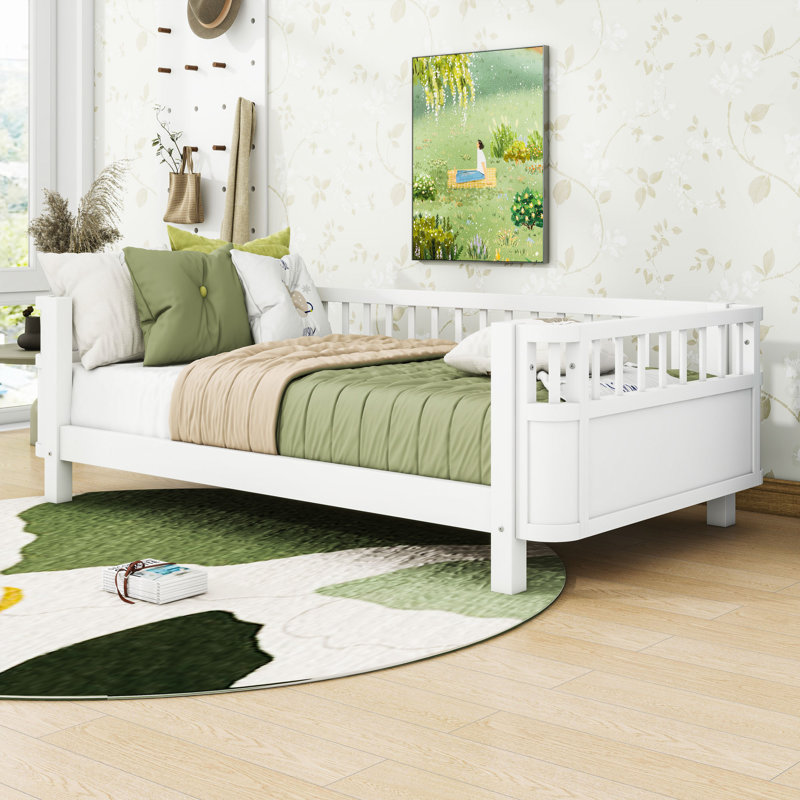 Multifunctional Wooden Platform Bed with Removable Rails, Twin, White