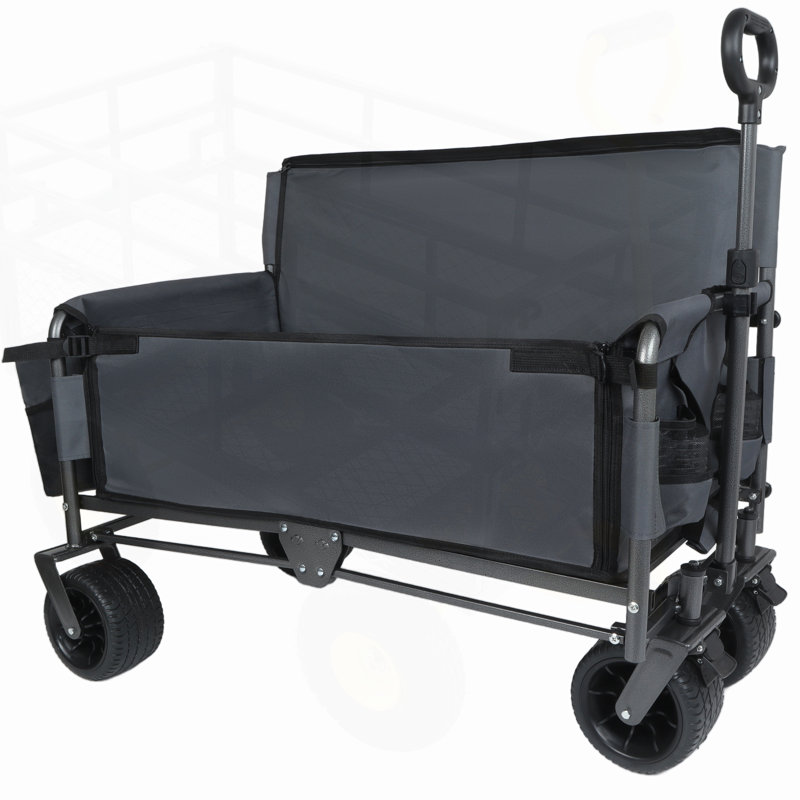 Chariot pliable 3-en-1 avec banquette et rangement, roues tout-terrain robustes, idéales pour le camping, la plage et les événements extérieurs