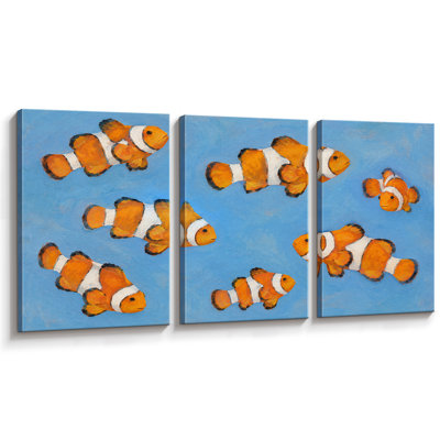 Orange Clownfish Ocean Pattern Artwork, Kids Room Pictures, Framed Canvas Giclee Print Wall Art
