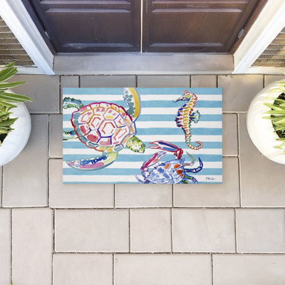 Brushstroke Sea Life on Stripes Printed Outdoor Door Mat, design by Paul Brent, 18"x30"