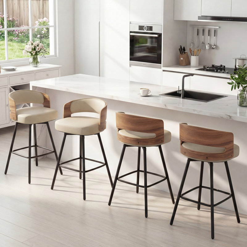 Swivel Upholstered Counter Stool with Metal Frame, Beige