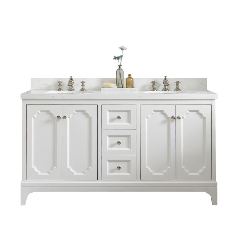 Bernardo Queen 72" Sink Carrara Quartz Countertop Bath Vanity with Faucet, Pure White, Hook, 60"