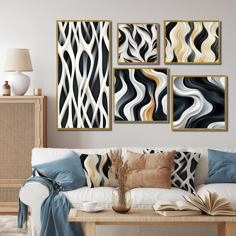 Corenzo - Ensemble de 5 reproductions d'art sur toile rayée, Cadre flottant noir