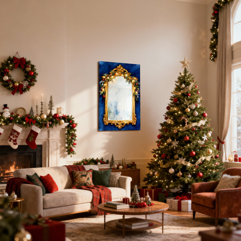 Miroir de Noël doré avec guirlandes de Noël, ensemble de 3 impressions sur toile, H 30 po x l 20 po