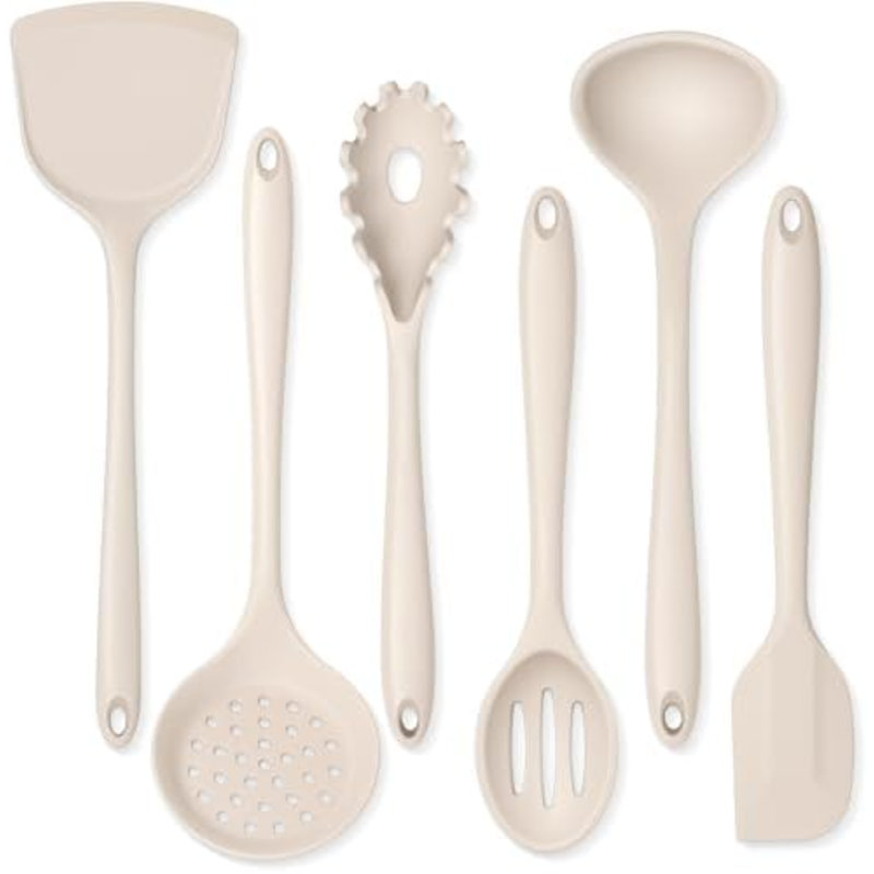 Ensemble d'ustensiles de cuisine en silicone non toxique, kaki | 6 pièces, résistants à la chaleur, compatibles avec les poêles antiadhésives et le lave-vaisselle.