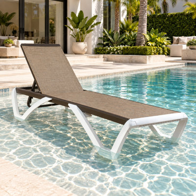 Kozyard Outdoor Chaise Lounge Chair, Full Flat Adjustable Patio Lounger with Aluminum Frame & Resin Legs, Textilene Fabric for Poolside, Backyard & Beach (Beige, W/O Table)