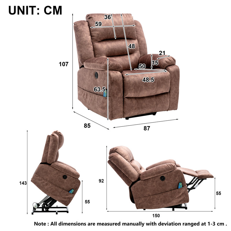 Finni 87cm Wide Lift Assist Standard Recliner with Massager, Brown