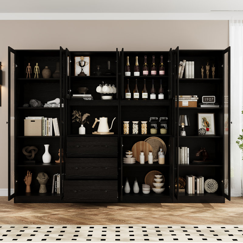Book Cabinet Storage Bookcase, 5-Tier Modern Bookshelves With 3 Large Drawer And Glass Door(2A+2B+C), Black