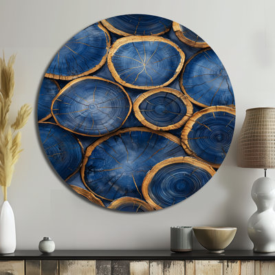 Mystères de la tranche de bois turquoise II - impression d'art moderne en métal bleu, décoration murale arbre rond en métal