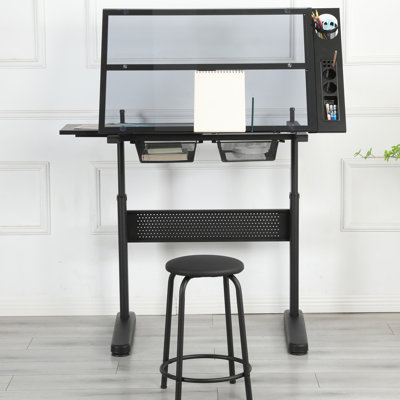 Drafting Table With Hand Crank, 2 Metal Drawers, Stool & Extendable Side Desktop - Black Adjustable Desk Drawers Black, 75 120cm Height Adjustable, 0
