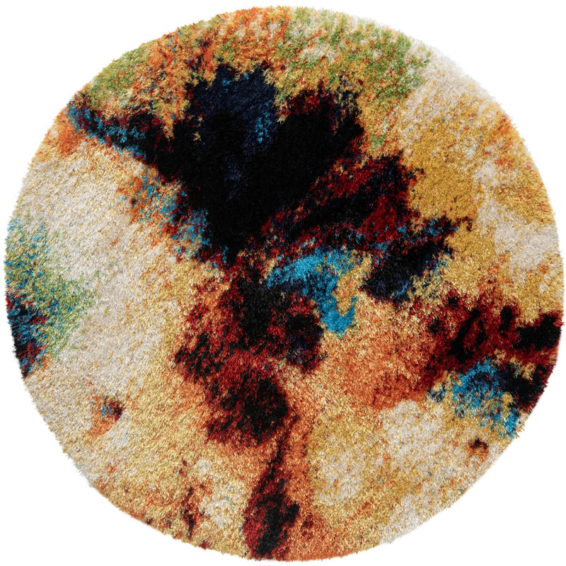 Tapis moderne abstrait à poils longs beige / or / bleu, Rond 4 pi 8 po
