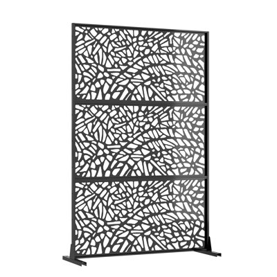 Freestanding Metal Outdoor Privacy Screen with Stand, 47 x 72 in Decorative Garden/Patio Room Divider Panel - Weather-Resistant Powder-Coated Steel - Black - Crushed Glass