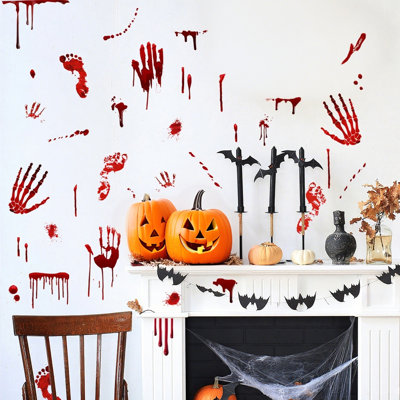 Halloween, empreinte de main sanglante empreinte de pas, autocollants de fenêtre horribles, 12 feuilles de décoration s'agrippe pour le mur de la fenêtre du plancher de la salle de bain