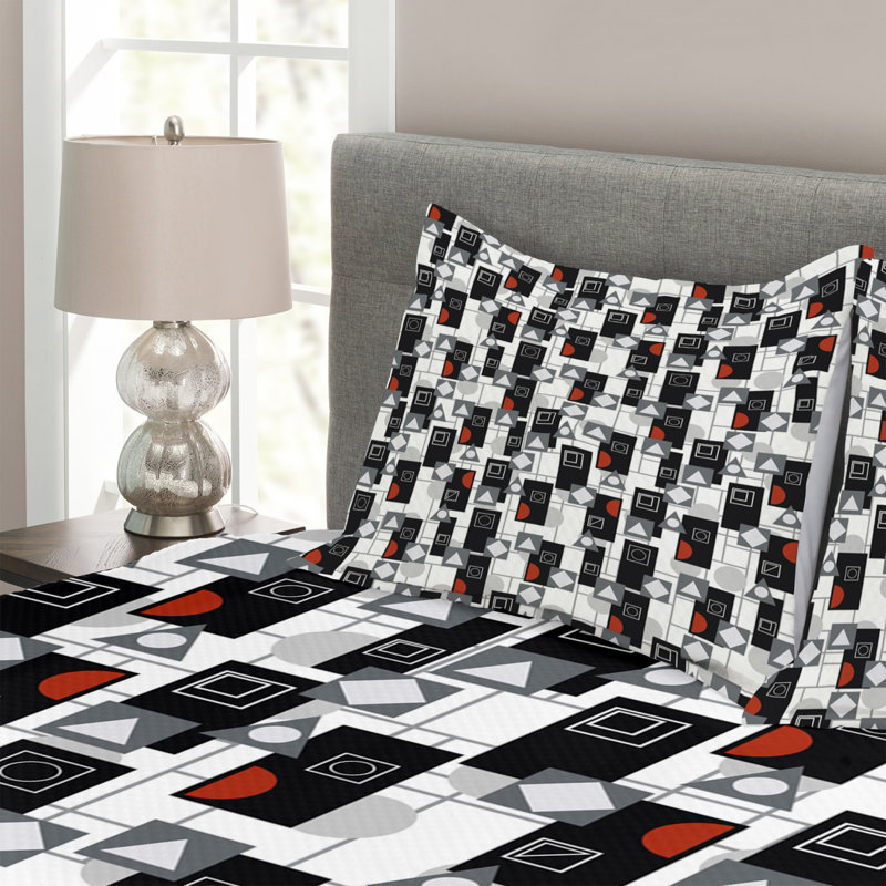 Rounds Rectangles and Triangles Modernistic Bedspread Set, 220 x 264 cm