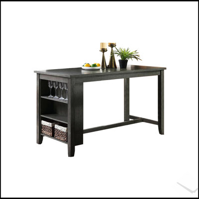 Table de salle à manger rectangulaire à hauteur de comptoir en bois avec rangement en noir, parfaite pour les espaces modernes et compacts