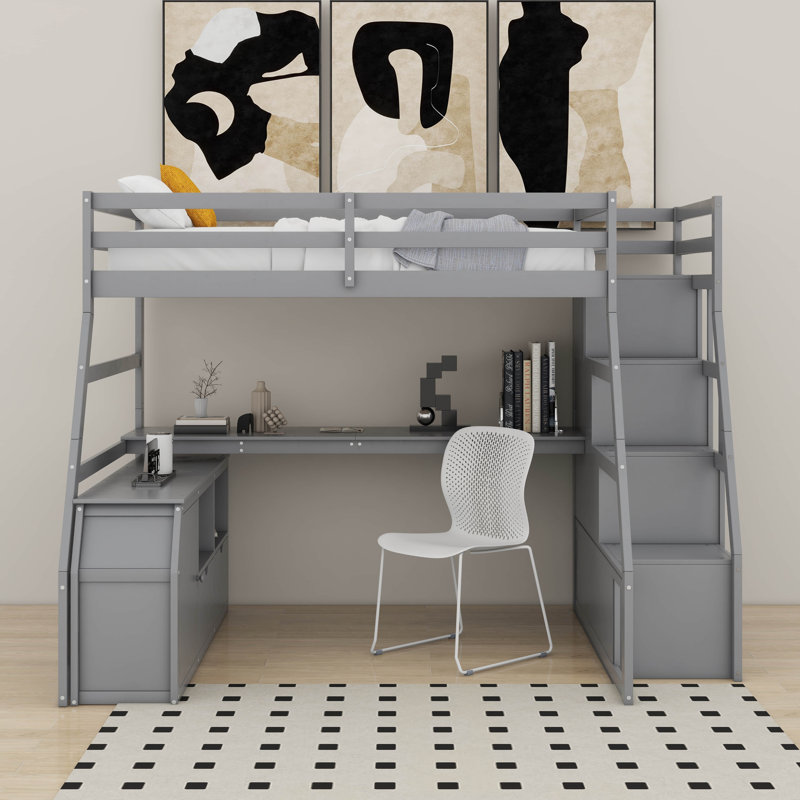 Lit mezzanine double avec 7 tiroirs, 2 tablettes et un bureau, Gris